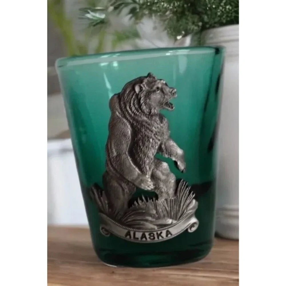 Green Alaska Fine Pewter Bear Shot Glass Set with Matching Boot Toothpick Holder